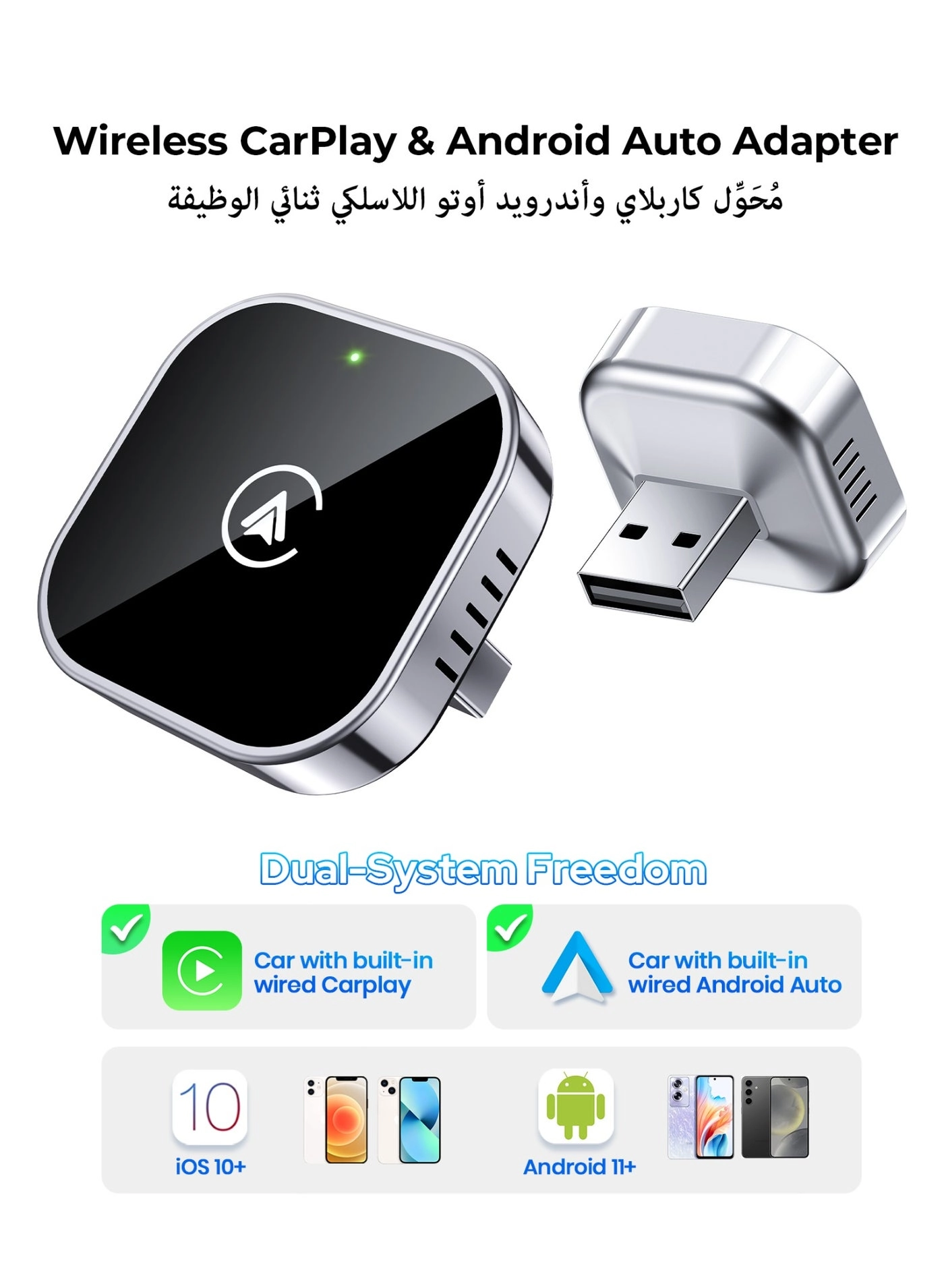 Teeran Wireless CarPlay and Android Auto Adapter - 2 in 1 USB/USB-C Plug and Play