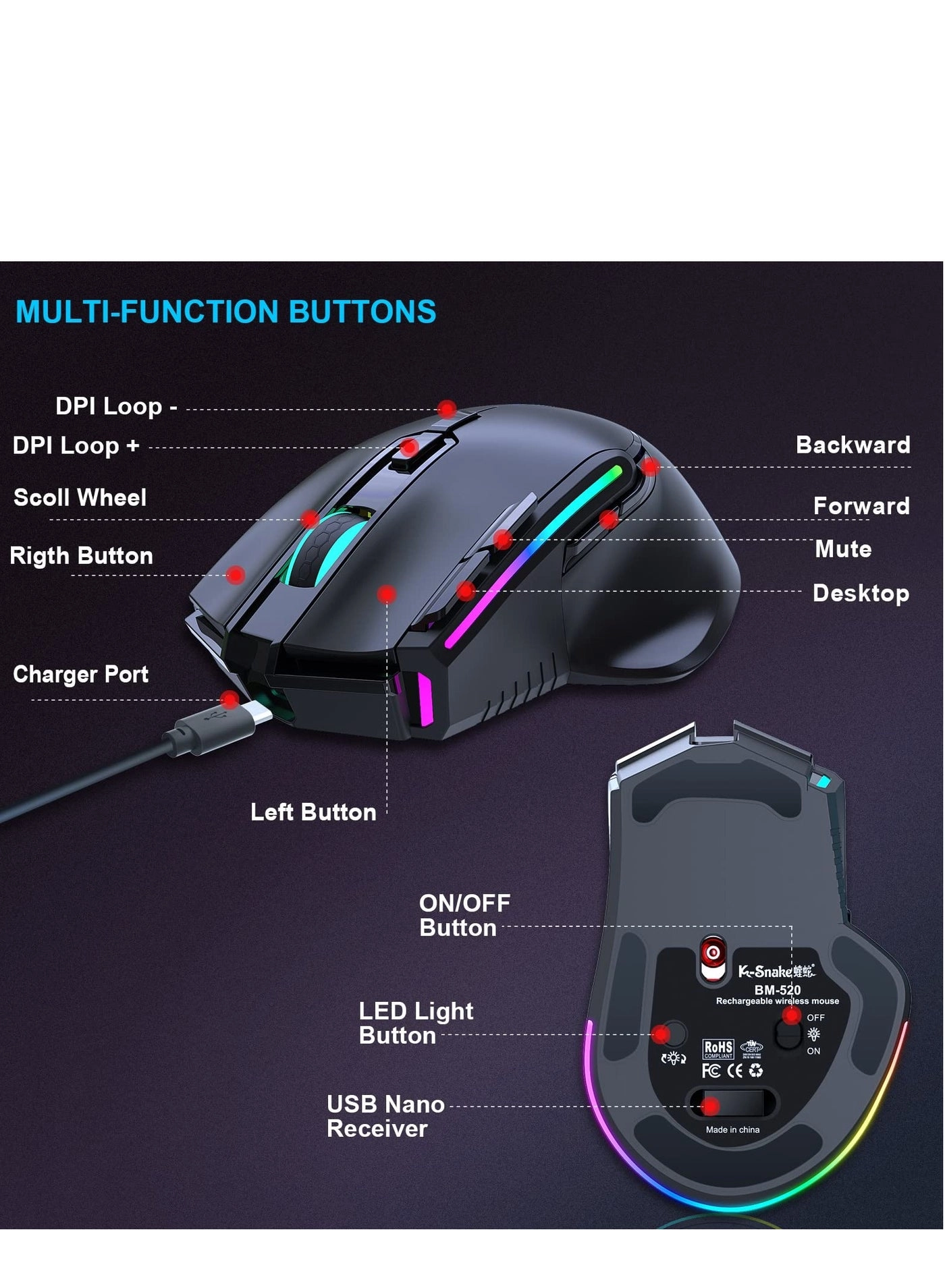 Wireless Gaming Mouse - Bluetooth 2.4G