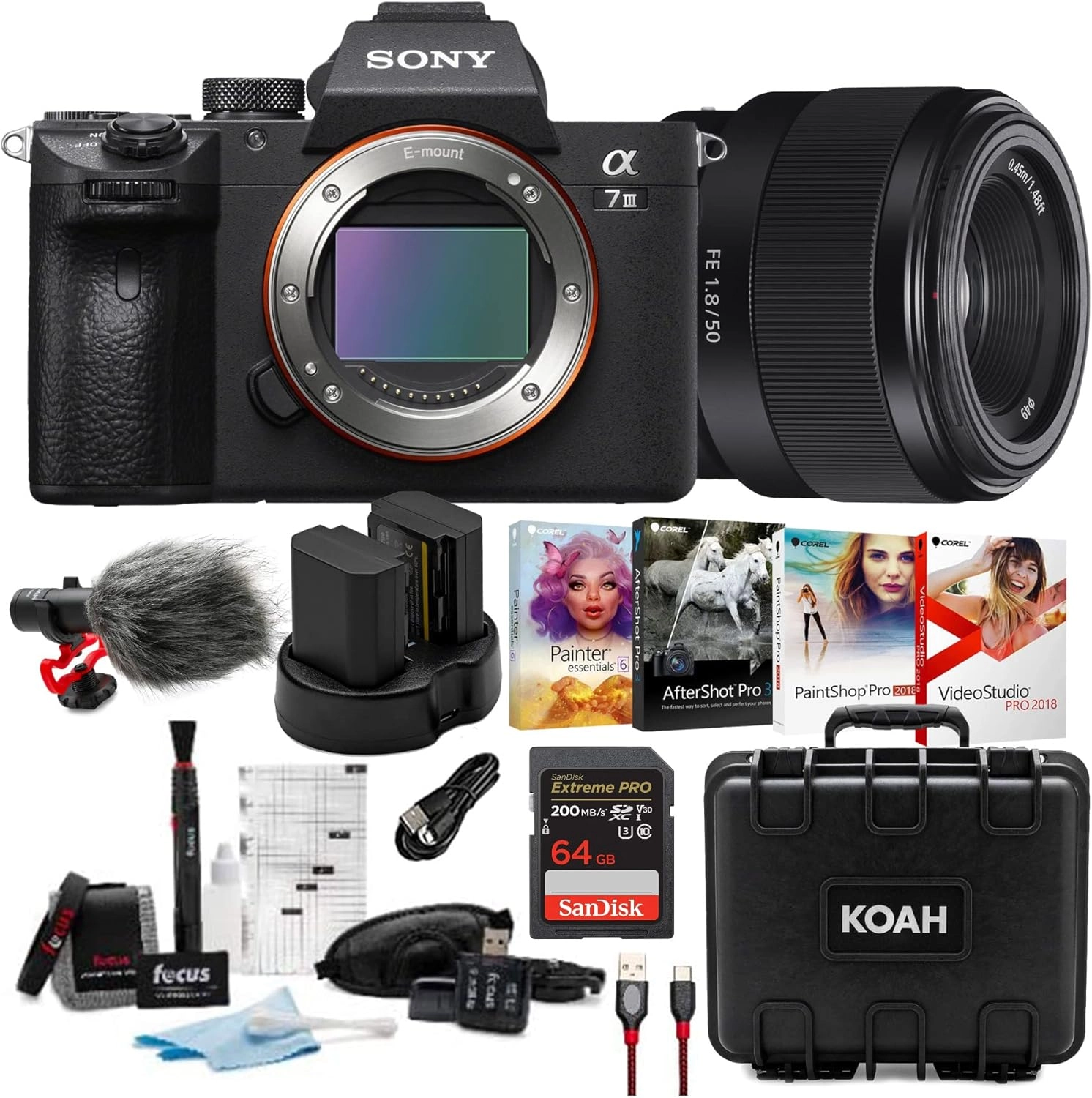 a7 III + FE 50mm f/1.8 + Condenser Microphone + SDXC Memory Card + Hard Case + USB-C to USB-A Cable + Cleaning and Accessory Kit + NP-FZ100 Battery + Photo, Video, and Art Suite v.3.0