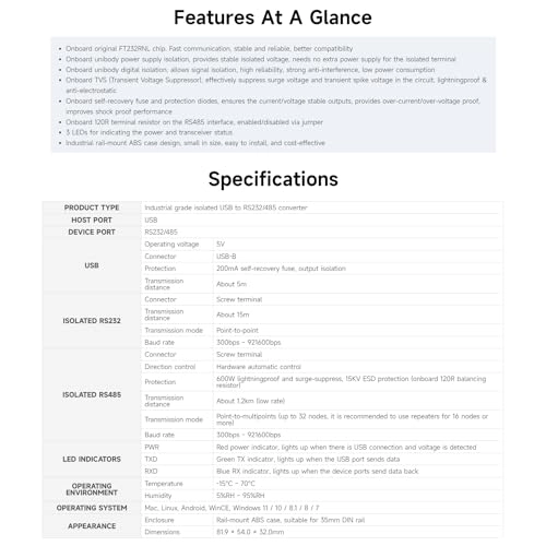USB to RS485/422 Isolated Converter - FT232RL SP485EEN Wall-Mount Rail-Mount