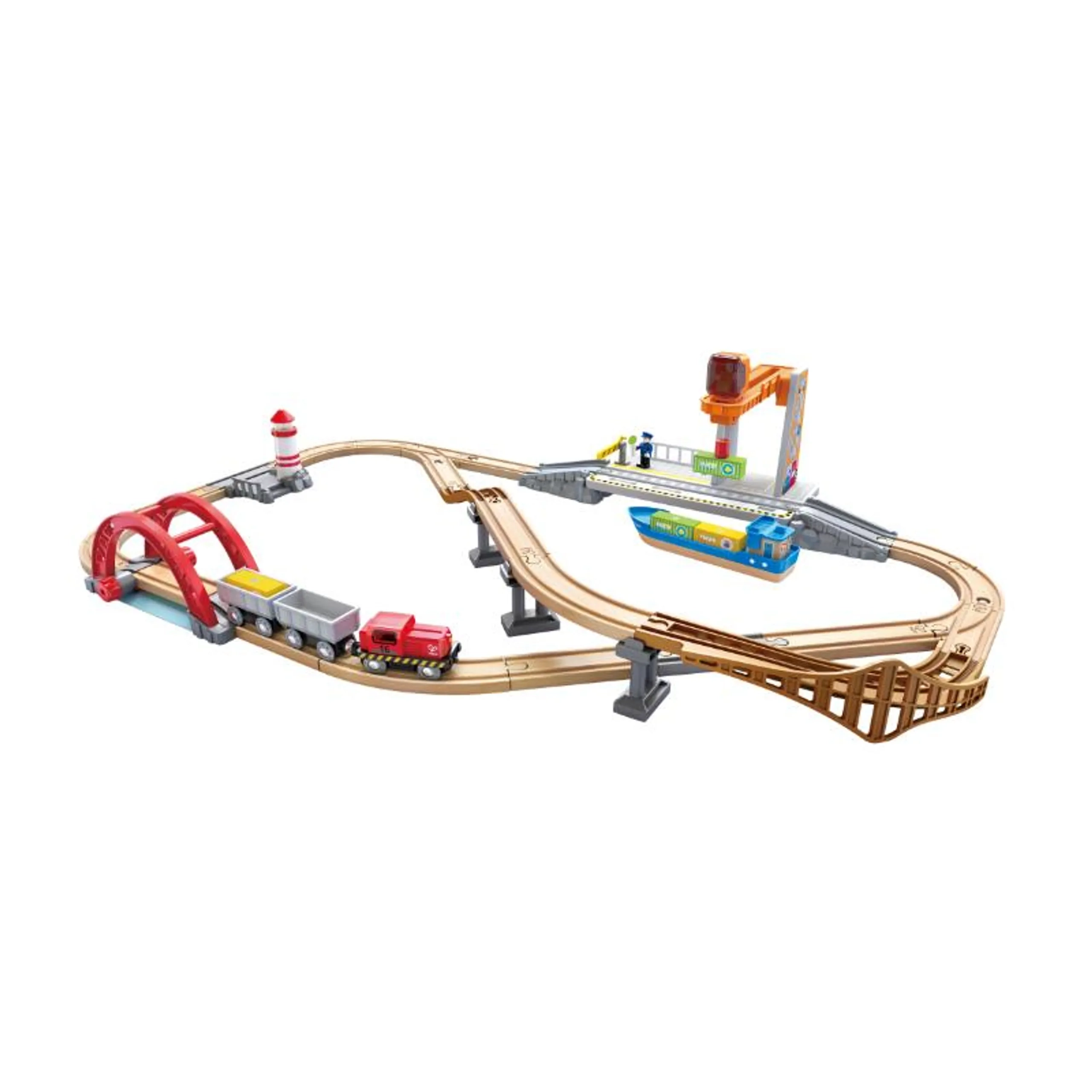 Hape Toys Sea & Rail Cargo Transport Train and Railway Set - 38pcs