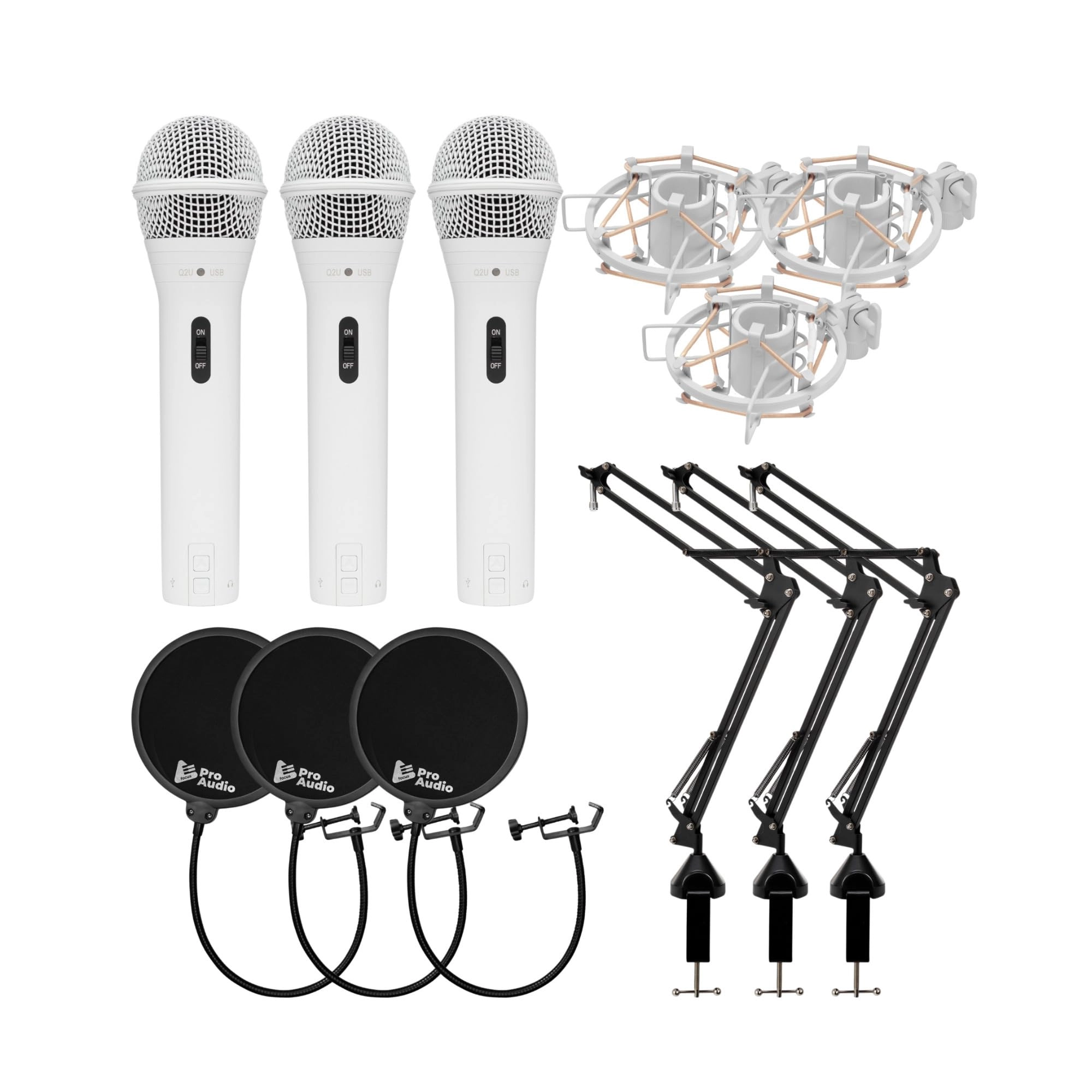 Q2U - USB+XLR Microphone + 3 x Desktop Boom Arm Microphone Stand + 3 x Shock Mount + 3 x Pop Filter