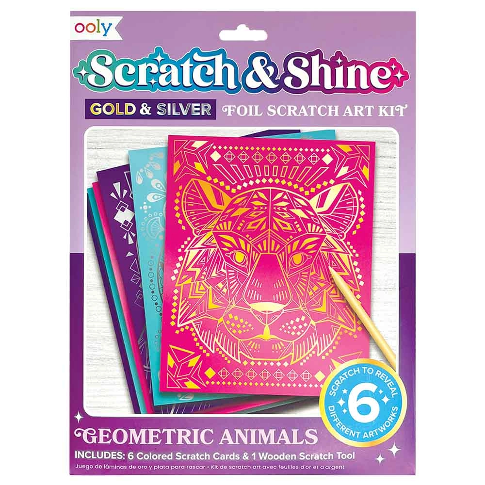 OOLY Scratch & Shine Foil Scratch Art Kit - Geometric Animals - 6 pcs 6+ years