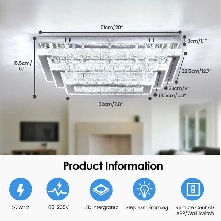 Crystal LED Ceiling Light - 3000K-6500K Dimmable