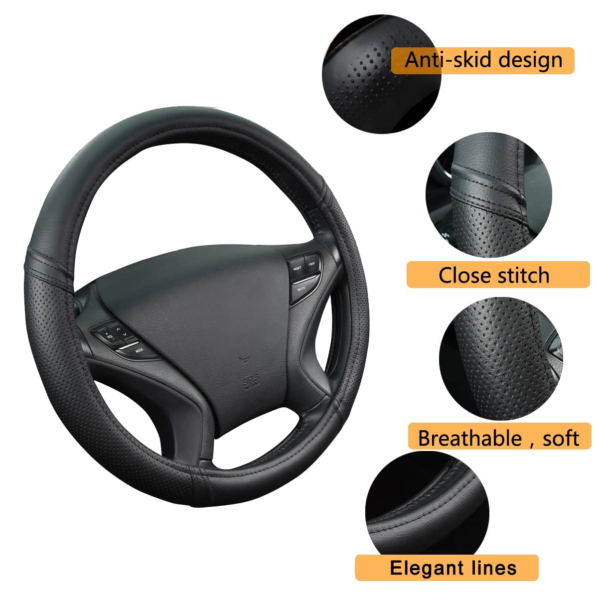 Car Seat Covers - Air Mesh Leather + Car Floor Mats - Waterproof + Steering Wheel Cover - Sporty