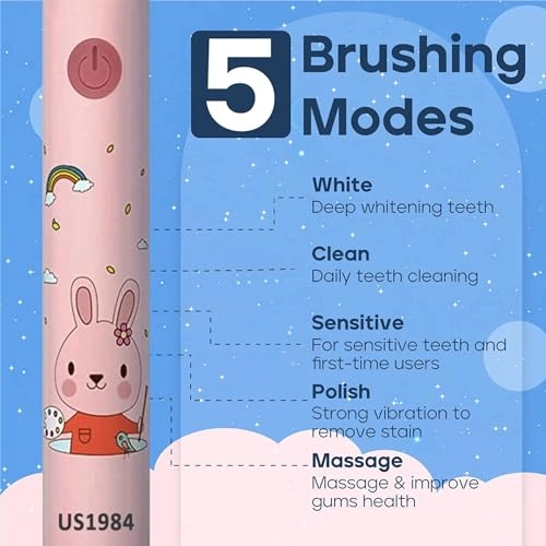 Kids Sonic Tooth Brush - 5 Modes 3 Brush Heads Rechargeable