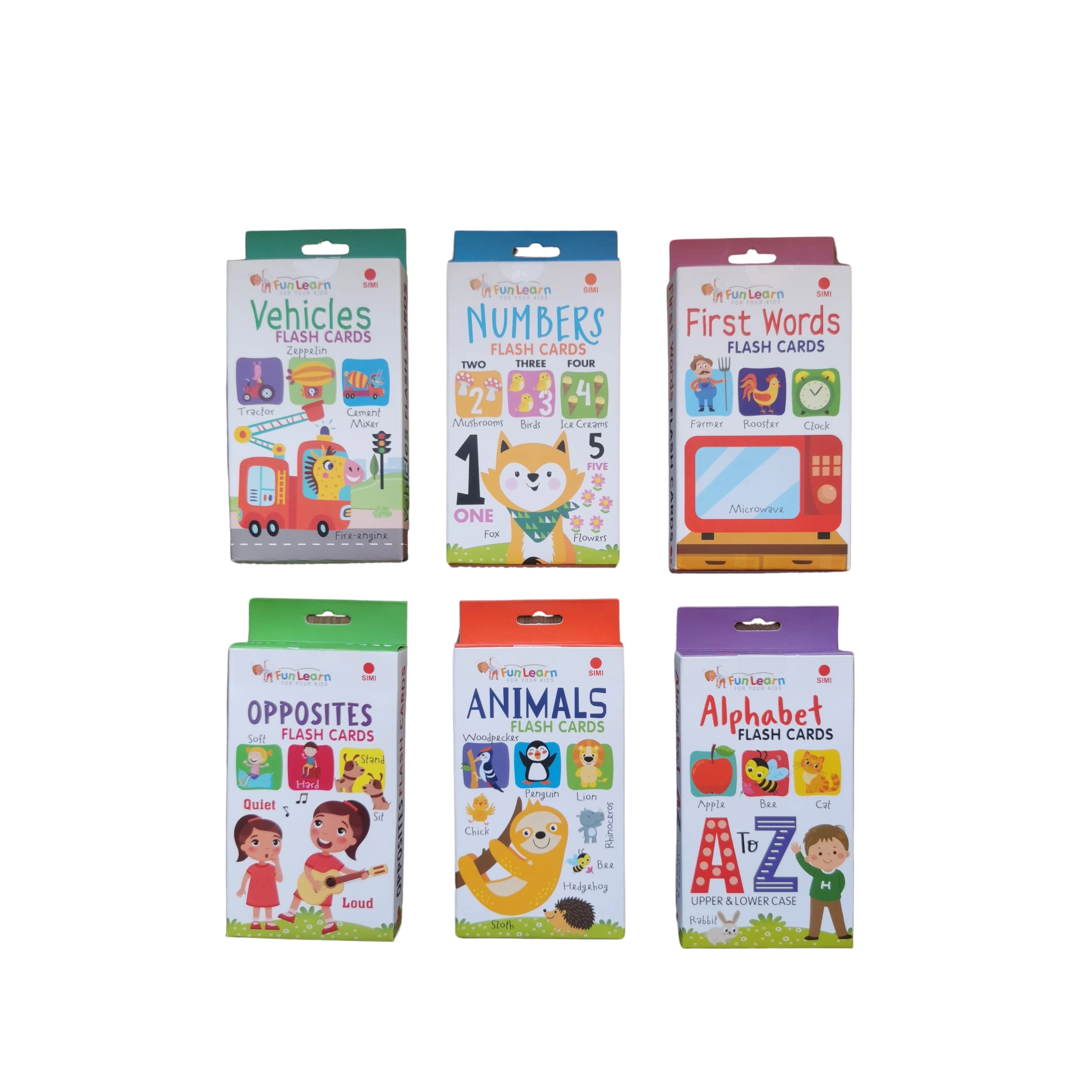 AMF Tech Kid's Early Learning Alphabet, Numbers, Opposites, Animals, First Words, and Vehicle flash cards - 3 6 pieces