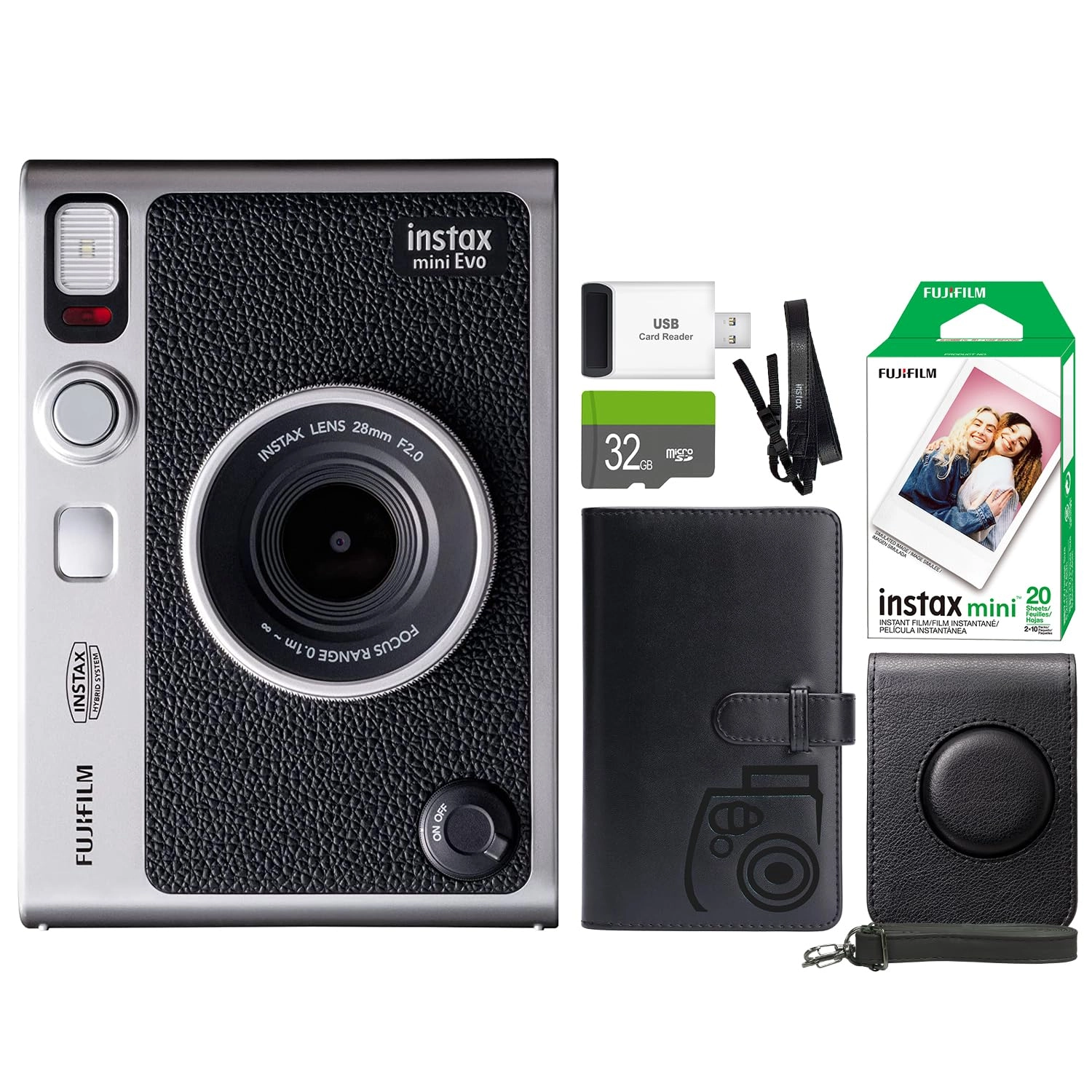 Fujifilm INSTAX Mini EVO - 2.4" x 1.8" + Instax Film - 20 Sheets + Custom Case + Album - MiniMate 96 slot + micro memory card - 32GB