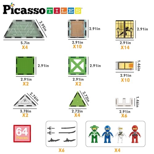 Magnet Tile Building Blocks - 4 Character Action Figure Ninjas Ninja Dojo House 64 pcs