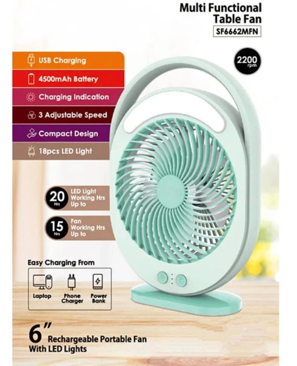 Multifunction Rechargeable Table Fan - 6-Inch USB Charging 3-Speed