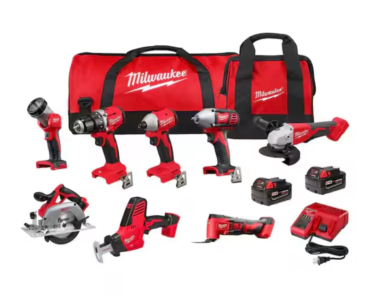 Milwaukee 1/2 in. drill driver + 1/4 hex impact driver + HACKZALL + 6-1/2 circ saw + 4 1/2 cut-off/grinder + 1/2 HTIW w/ring + multi tool + LED work light + REDLITHIUM 4.0AH bat pack + M12-M18 multi voltage charger + tool bag - 4.0 Ah 18 Volts