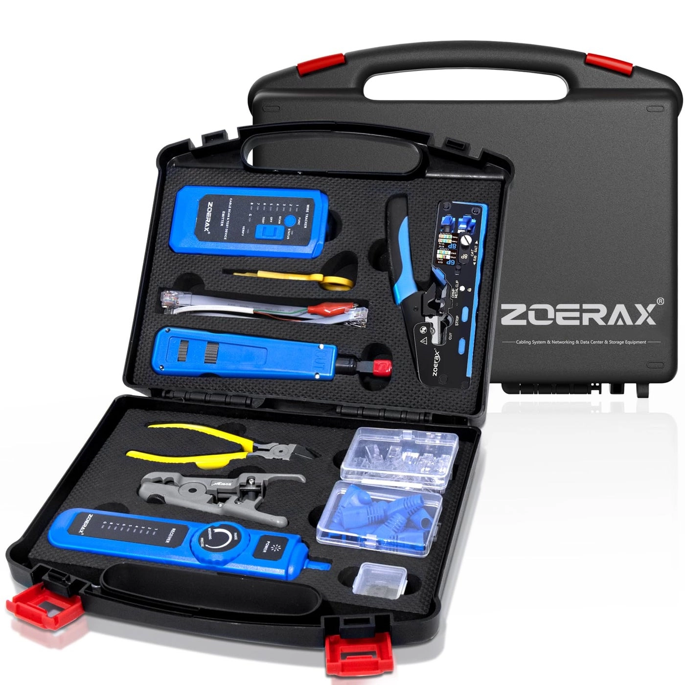 Pass Through Crimper + RJ45 Tester + 110/88 Punch Down Tool + Stripper + Cutter + Cat6 Pass Through Connectors and Boots - 4 6 8 LAN/Ethernet