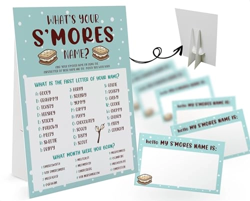 What's Your S'mores Name Game - 1 S'mores Sign and 30 Name Tag Stickers 8x11 2x3.5
