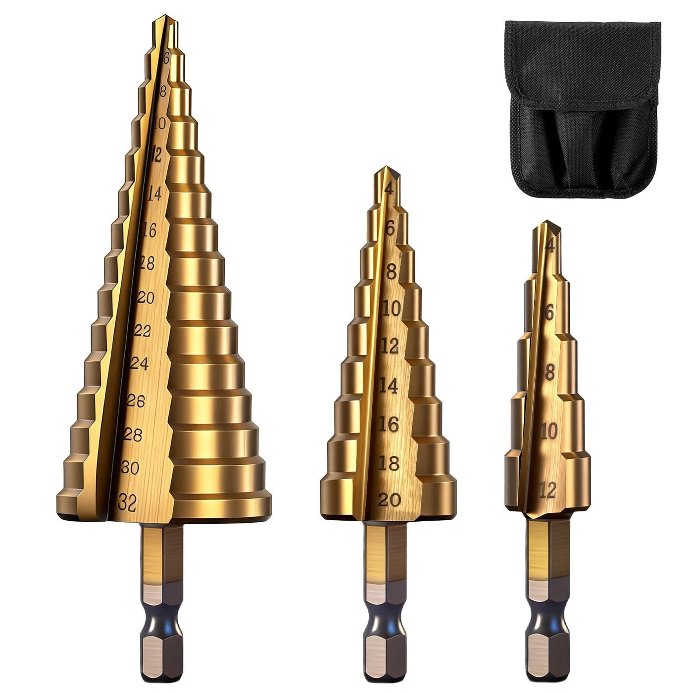 LepoHome Step Drill Bit Set - Titanium Coated High Speed Steel 3 Pieces Metric 4-12mm/4-20mm/4-32mm