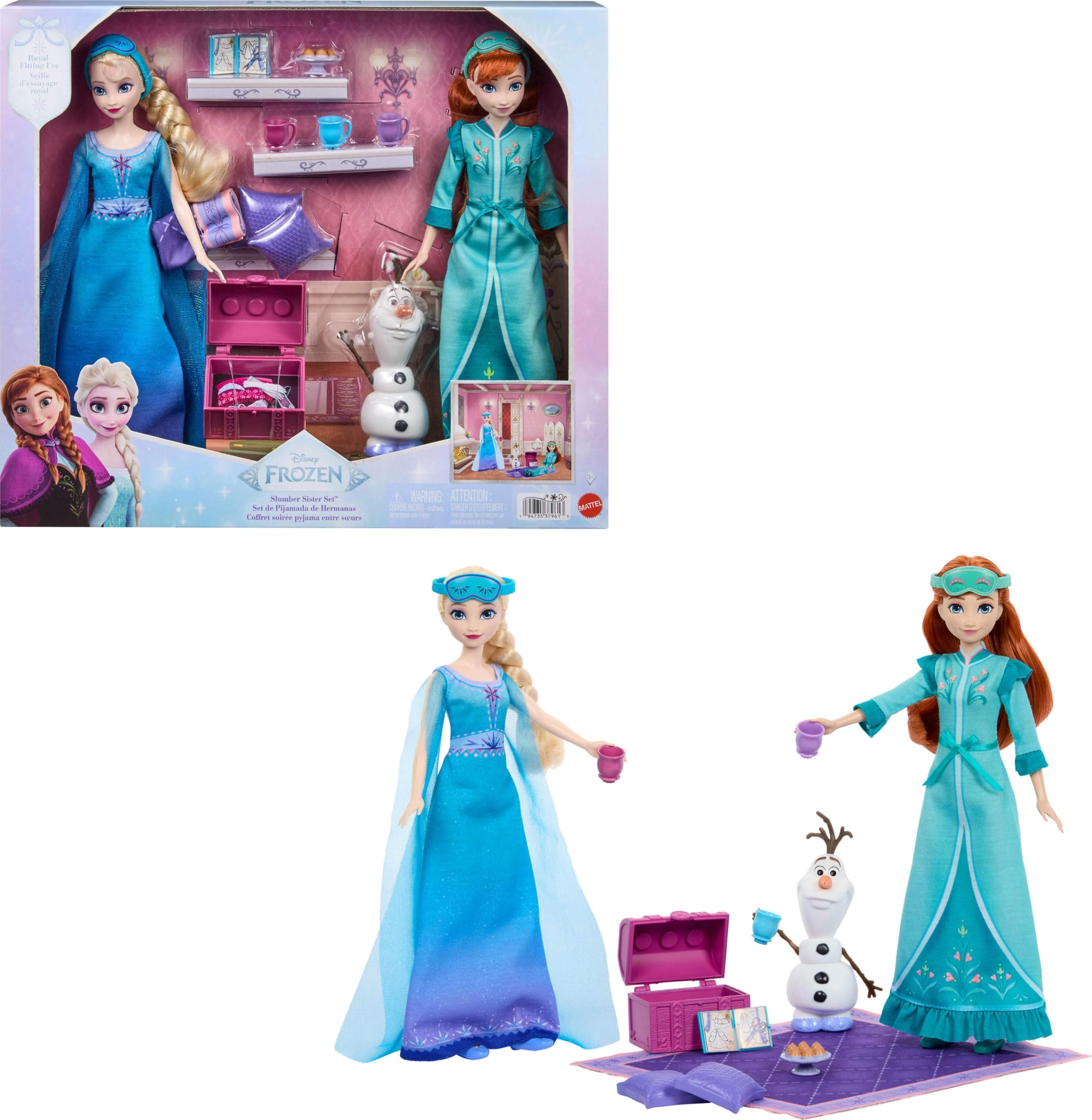 Mattel Frozen Sisters in Pyjama Set - Anna and Elsa with Olaf and 14 Accessories
