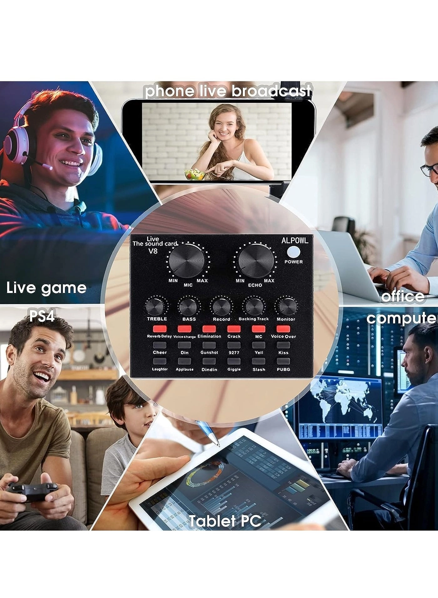 Microphone + Microphone Cable + Microphone Covers + Microphone Stand + Shock Mount + Double Layer Acoustic Filter + Live Sound Card + USB Cable + Audio Cables + Table Mount Clamp