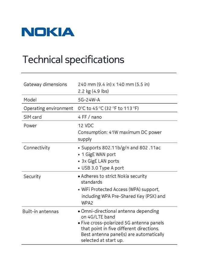FastMile 5G Gateway - IEEE 802.11b/g/n 3x3 2.4 GHz and 802.11ac 4x4 5 GHz