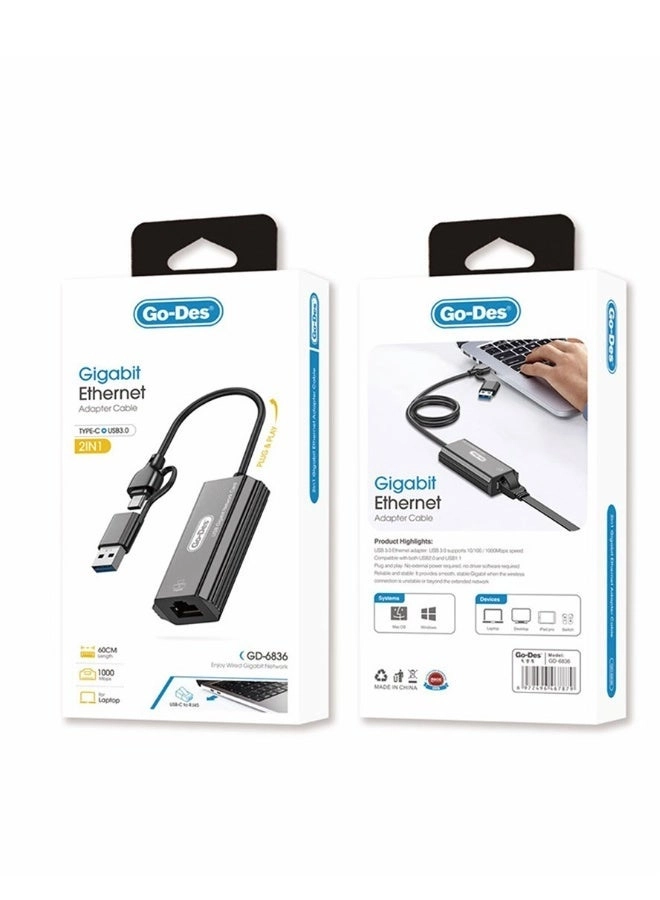 GO-DES GD-6836 Cable 1000 Mbps USB-A to USB-C 0.5m
