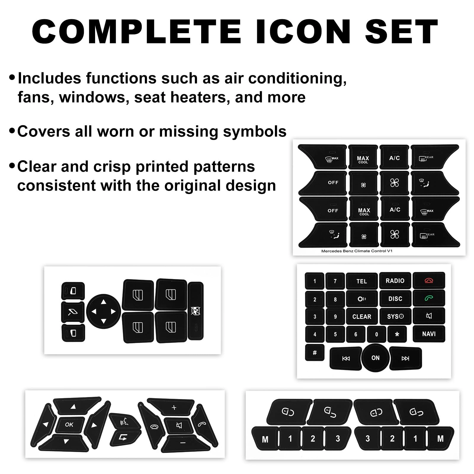 Dashboard Button Stickers - 5pcs Black PVC