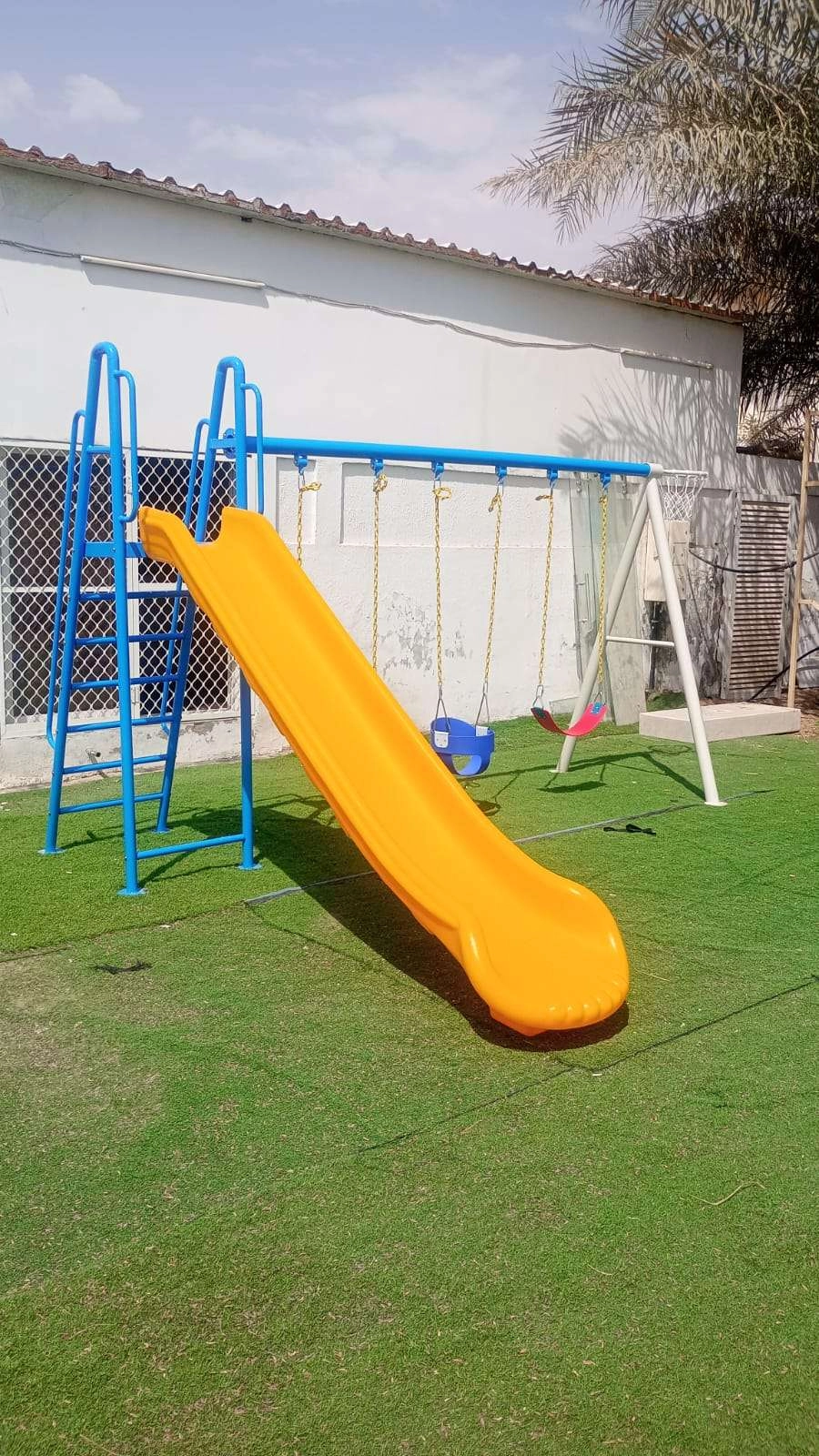 Spring Rider + Round Trampoline - 8FT + Caterpillar Tunnel + Slide and Swing Playground Set + Two Seater Seesaw