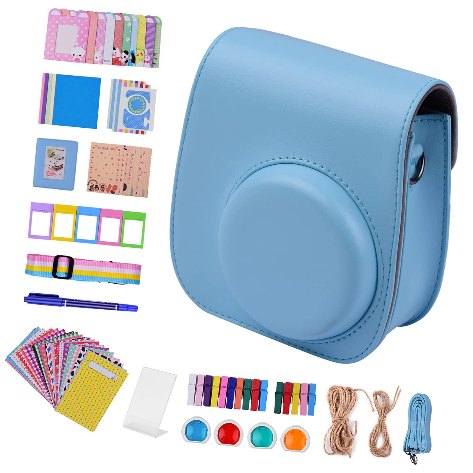 OUNA Instant Camera Accessories Kit + Camera Bag + Camera Strap + Photo Album + Photo Clips + Photo Frame + Hanging String + Stickers + Pen + Filt - 12-in-1 leather