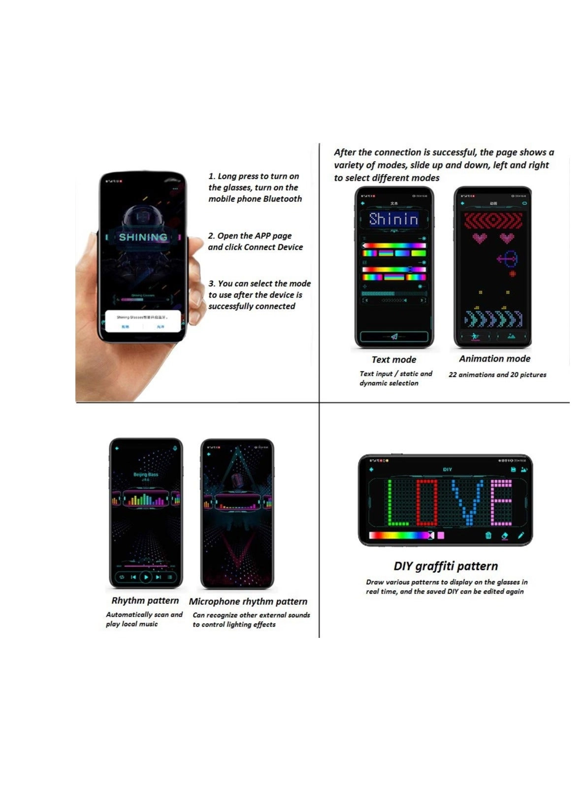 LED Glasses - Bluetooth 4.0 RGB USB Rechargeable