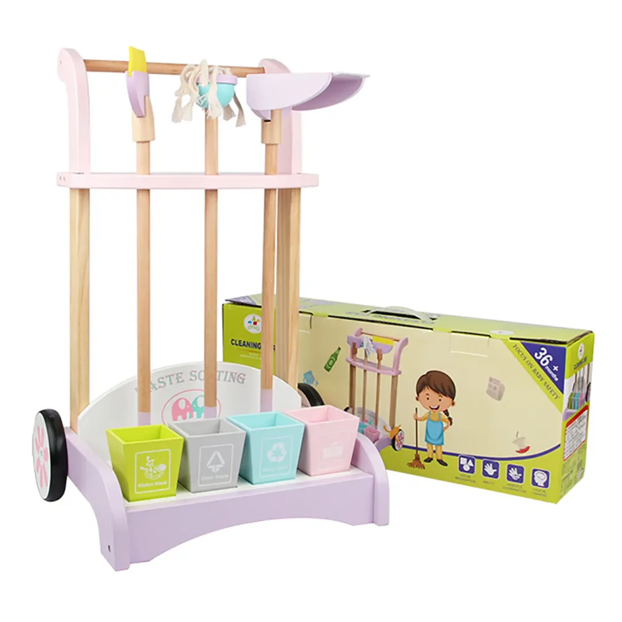Kids Wooden Cleaning Trolley Toy Set - 40 cards (19188949-FT_MSN_19005)