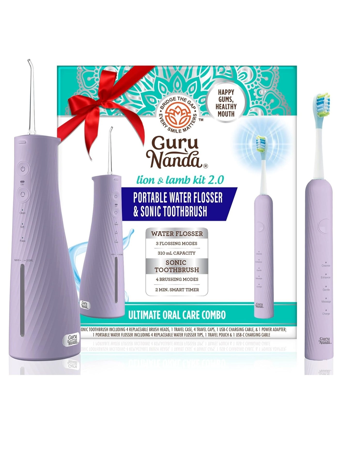 Lion & Lamb Kit 2.0 - 4 Brush Heads Lavender + Water Flosser - 4 Jet Tips IPX7 Waterproof