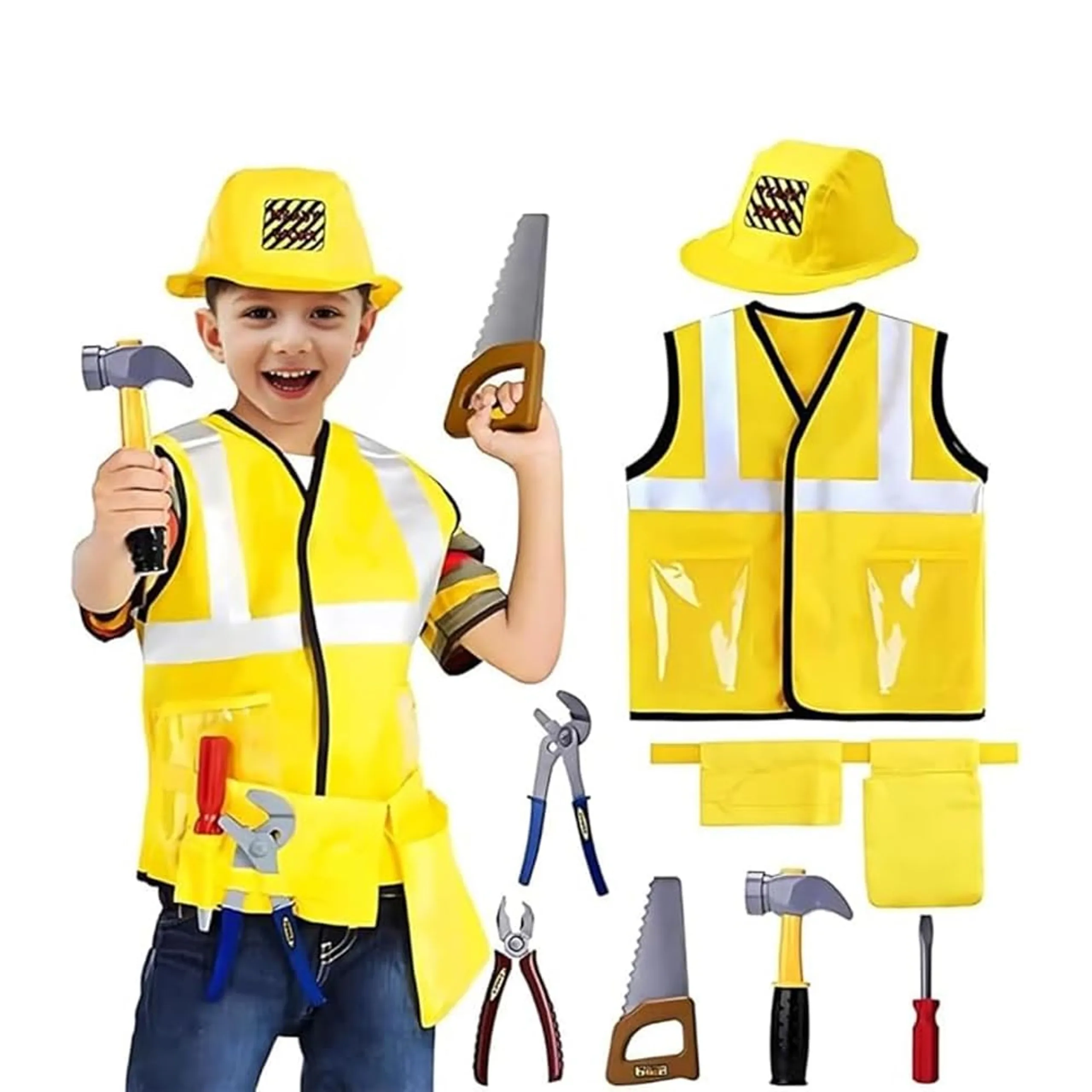 BrainGiggles Construction Worker Costume For Kids - 7 pcs (40487959-BGCNSTRWRKSET)