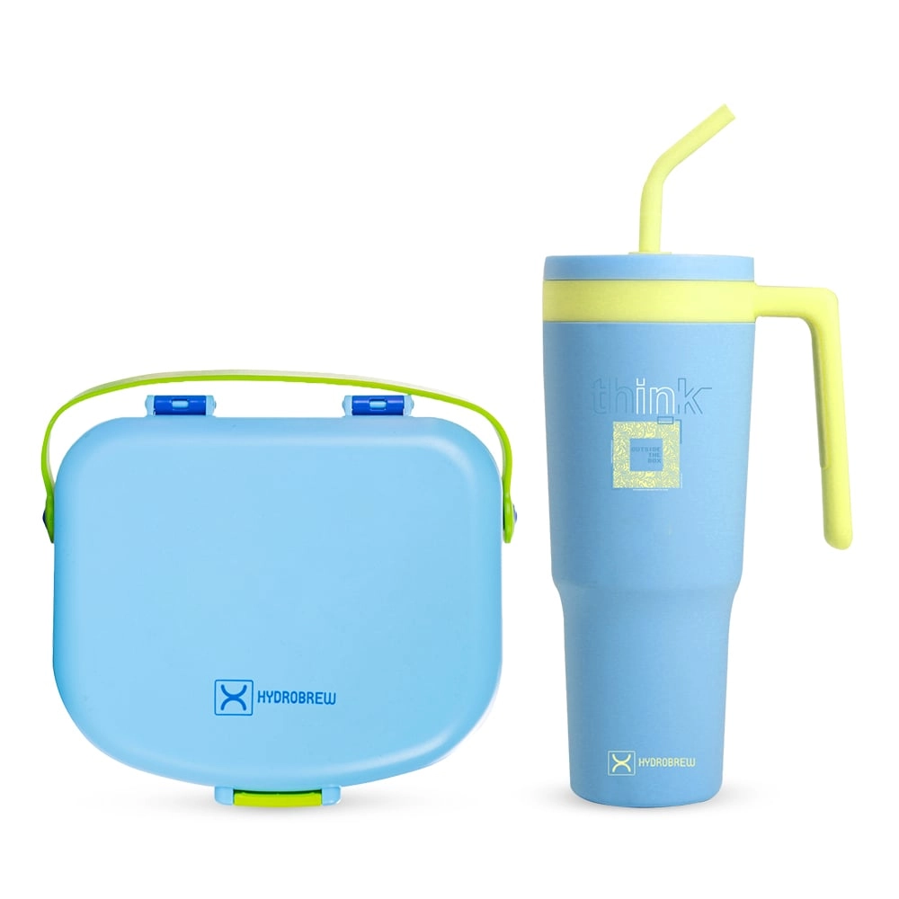 SAM BOX FZE 4 Compartment Bento Lunch Box + Steel Water Tumbler Bottle + Spoon & Fork Set - 1.3L