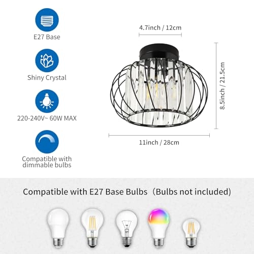 Crystal Ceiling Lamp - E27 Black 26.5 cm