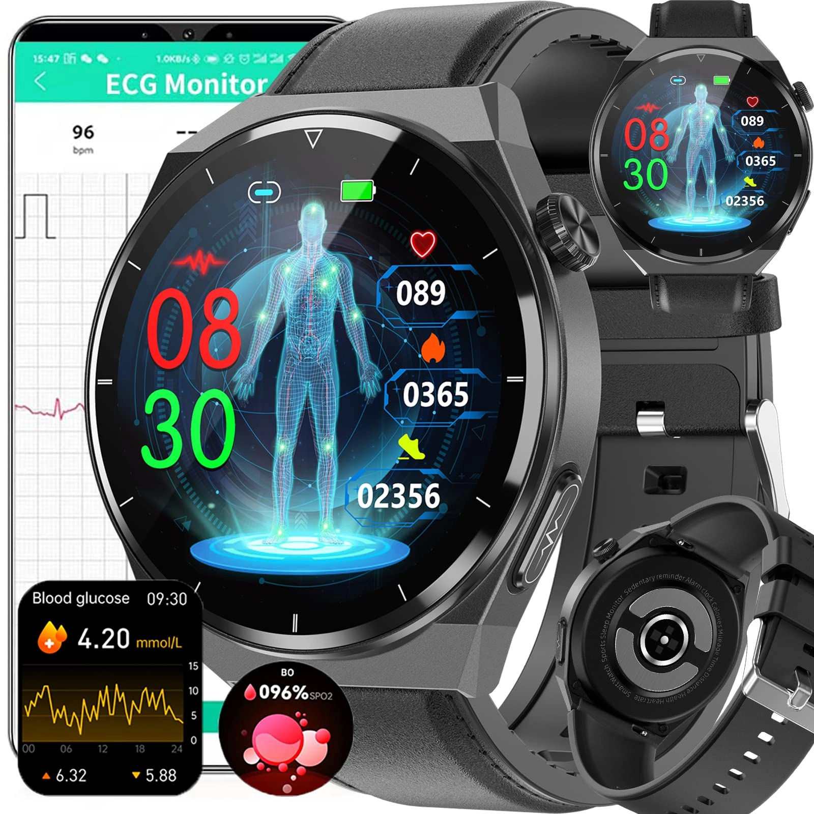 Blood Glucose Smart Watch - ECG HRV 20 Sports Modes