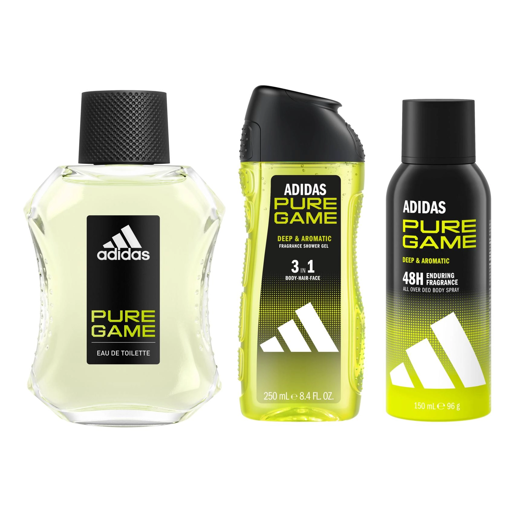 Adidas Pure Game Eau De Toilette - 100ml + Pure Game Deodorant Body Spray - 150ml + Pure Game 3-in-1 Shower Gel - 250ml