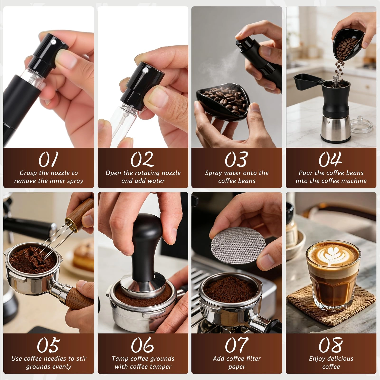 Coffee Tamper - 51mm + WDT Tool + Tamper Mat - Silicone + Spray Bottle - Glass + Stainless Steel Spoon + Coffee Bean Dish - Ceramic