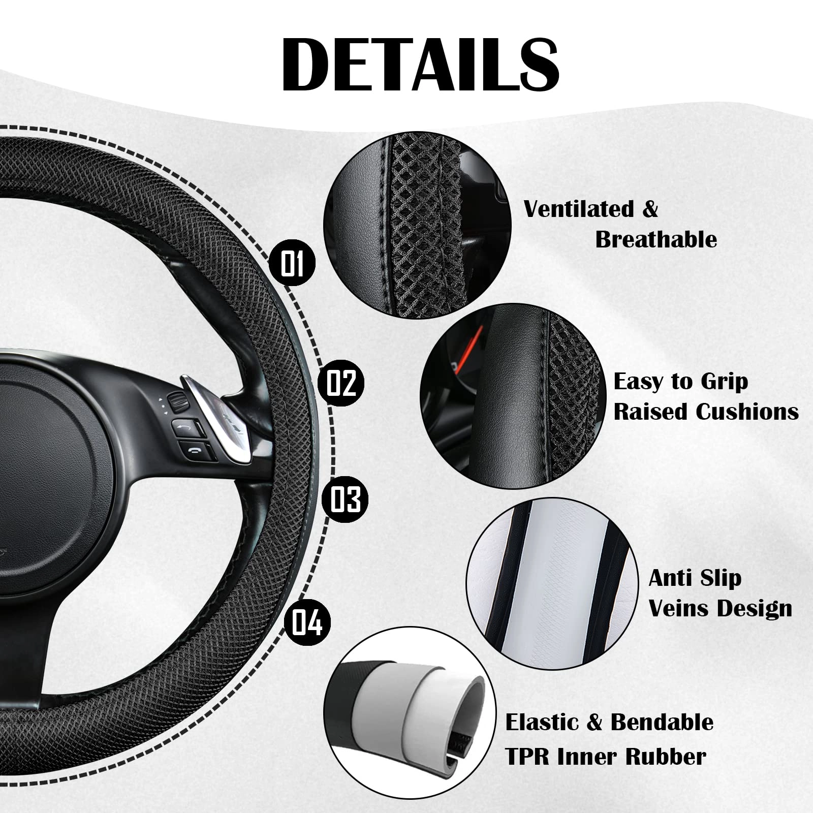 Car Seat Covers - Air Mesh Leather + Car Floor Mats - Waterproof + Steering Wheel Cover - Sporty