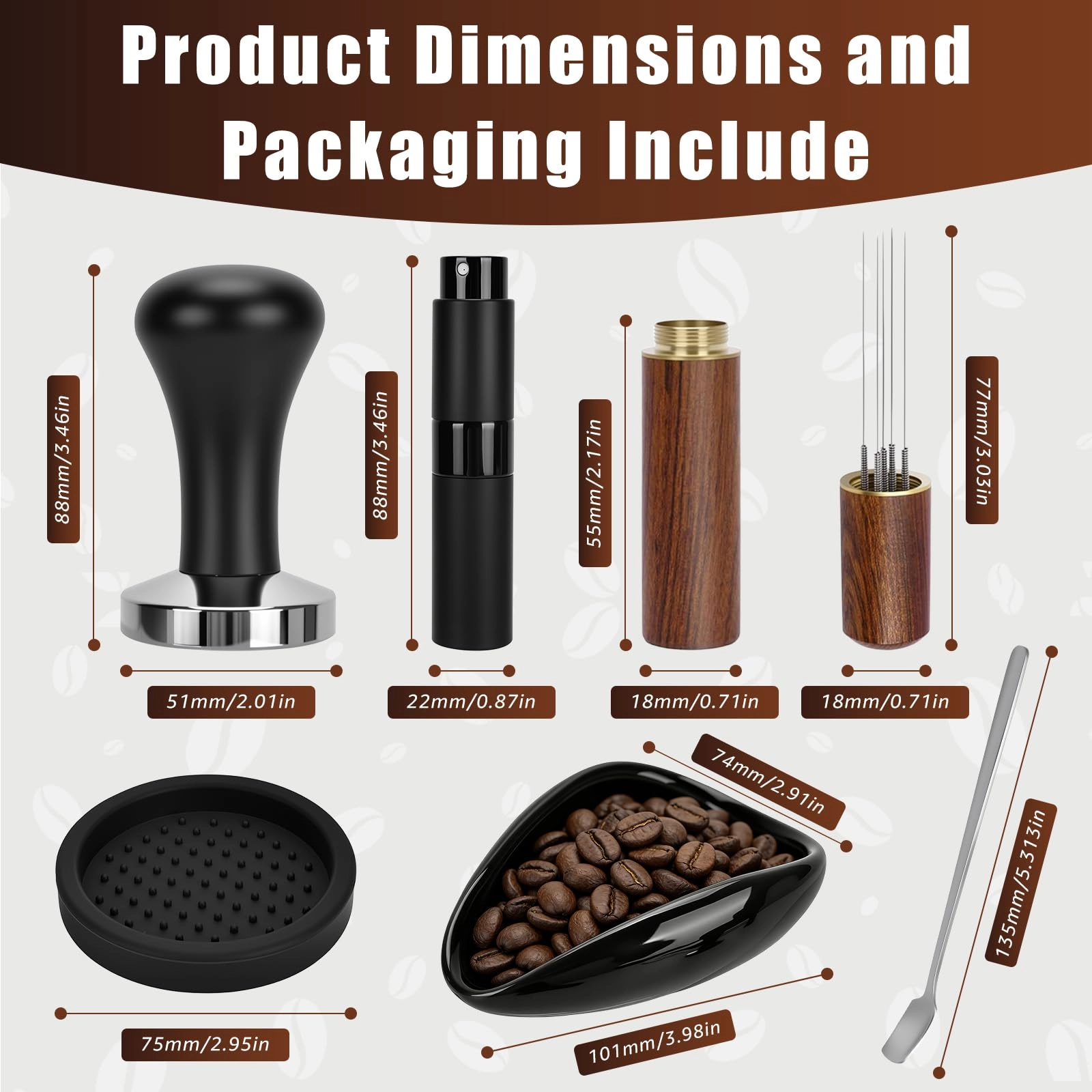 Coffee Tamper - 51mm + WDT Tool + Tamper Mat - Silicone + Spray Bottle - Glass + Stainless Steel Spoon + Coffee Bean Dish - Ceramic