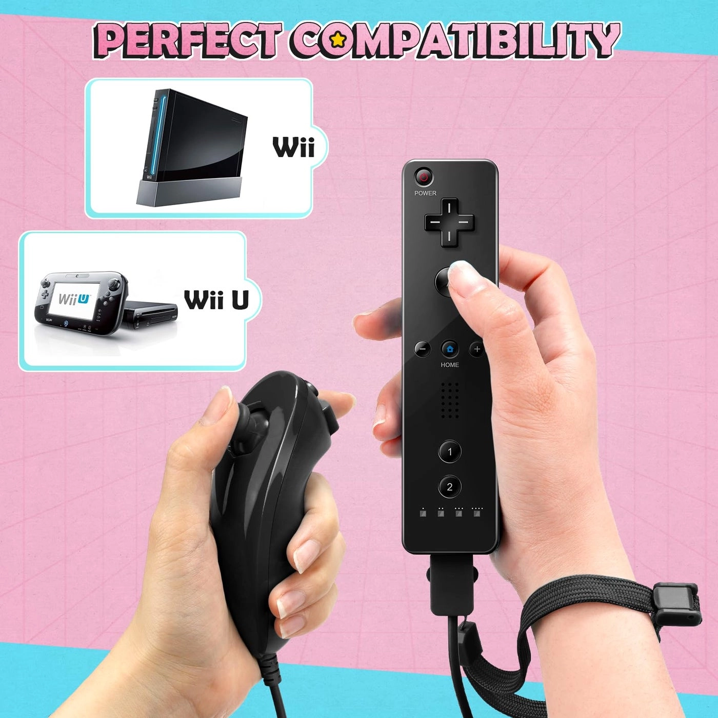Wii Remote Controller + Nunchuck Joystick - Black and Pink