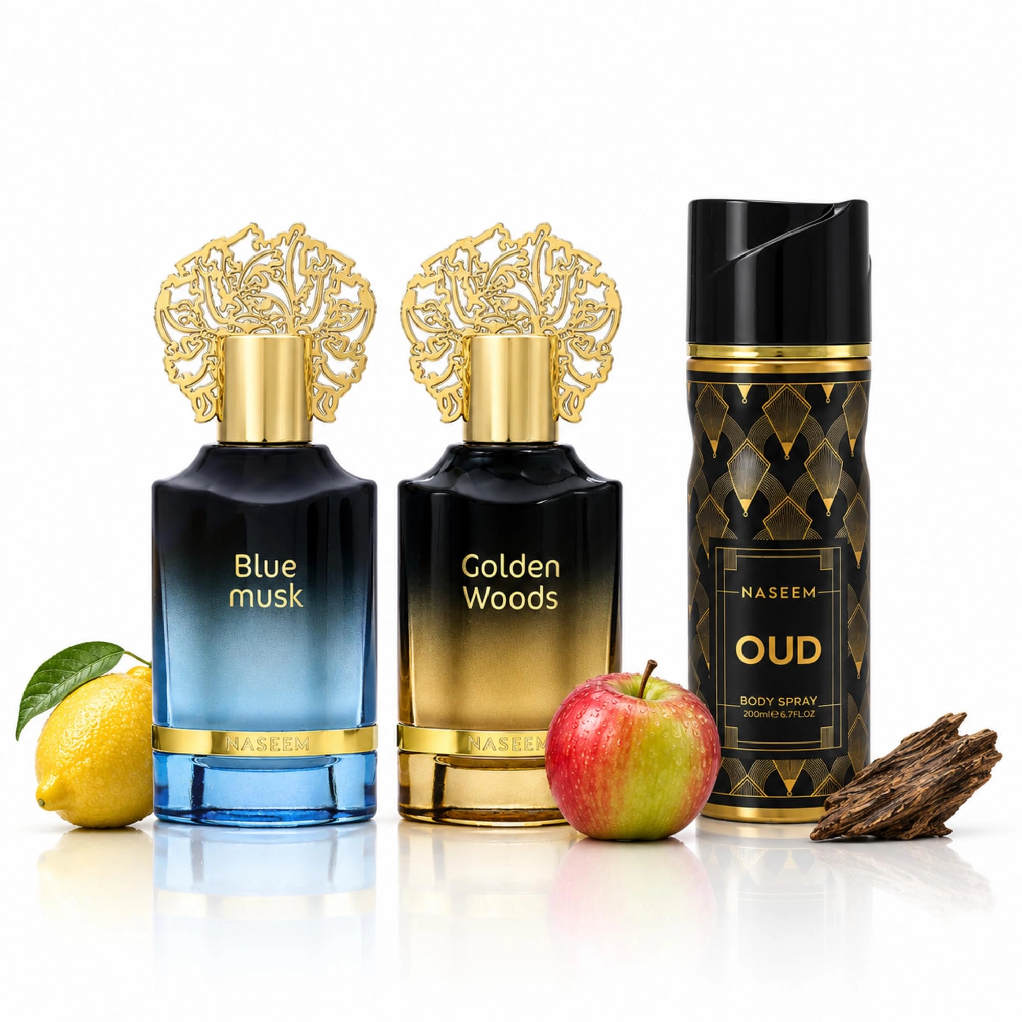 Naseem Blue Musk EDP - 55ml + Golden Woods EDP - 55ml + Oud Body Spray - 200ml