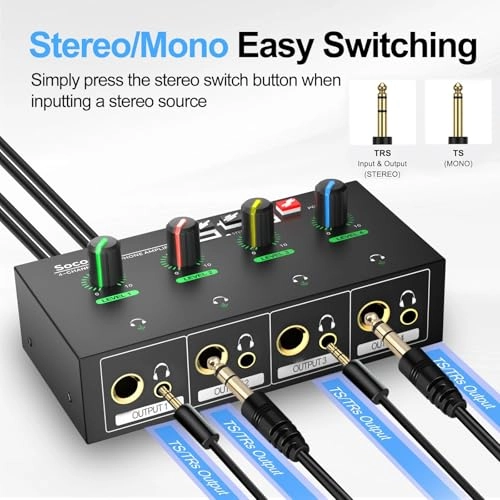 4 Channel Headphone Amplifier - 3.5mm/6.35mm/RCA Jacks 8 Headphone Output Port
