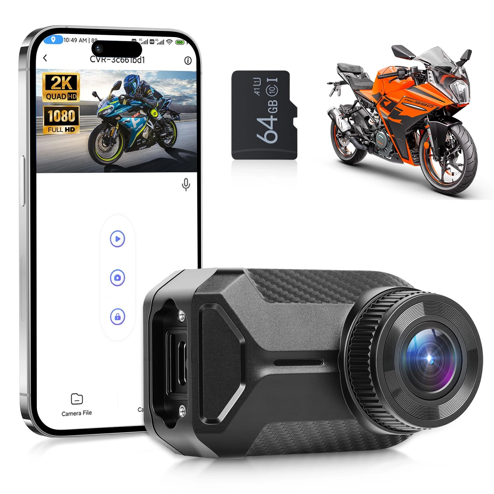VECHTEL Motorcycle Dash Cam - 2K 30FPS + SD Card - 64GB