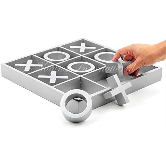 Tic Tac Toe Board Game - 14 Large Wooden Silver Grey