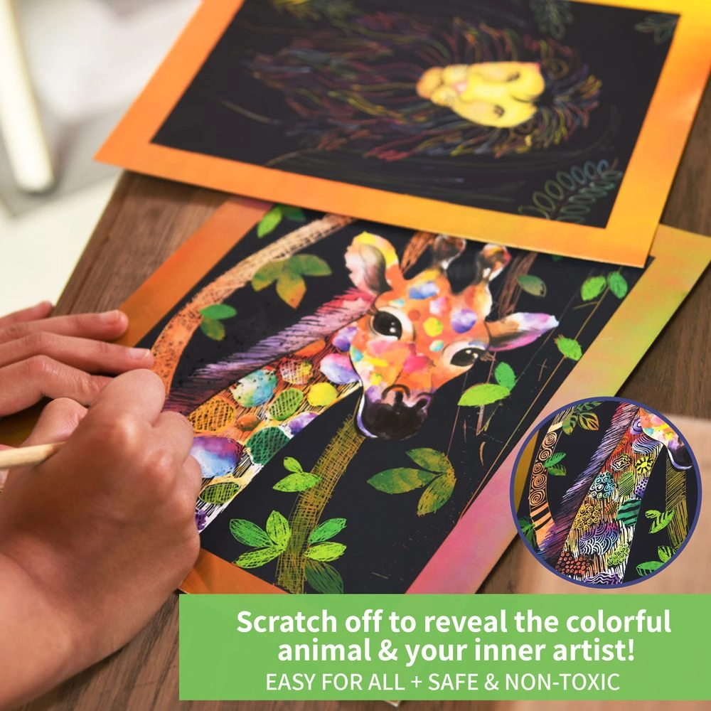 Scratch Art Animal Power - 12 canvases 50+ foil sheets wooden stylus