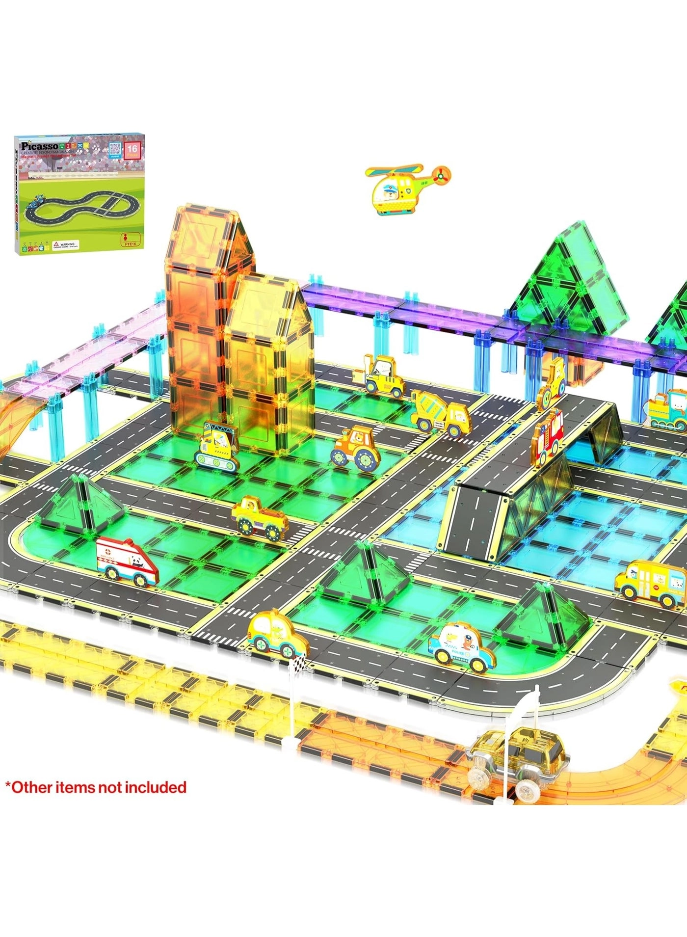 PicassoTiles Magnetic Tiles Highway Printed Set - 16pcs