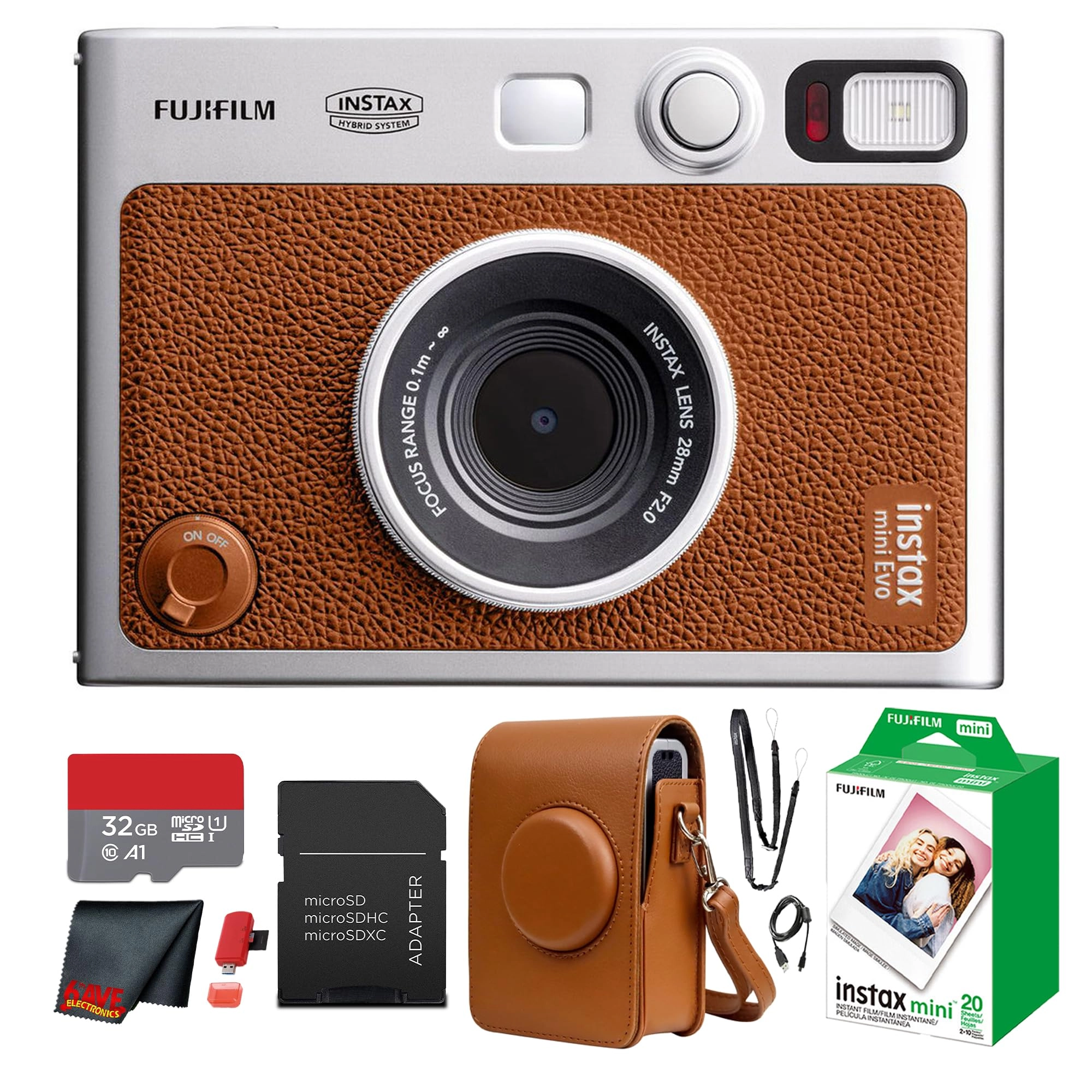 Fujifilm Instax Mini EVO - Brown + Instax Mini Instant Film Sheets - 60 Sheets + microSD Memory Card - 32GB + Small Padded Carrying Case + SD Card Reader + Microfiber Cleaning Cloth