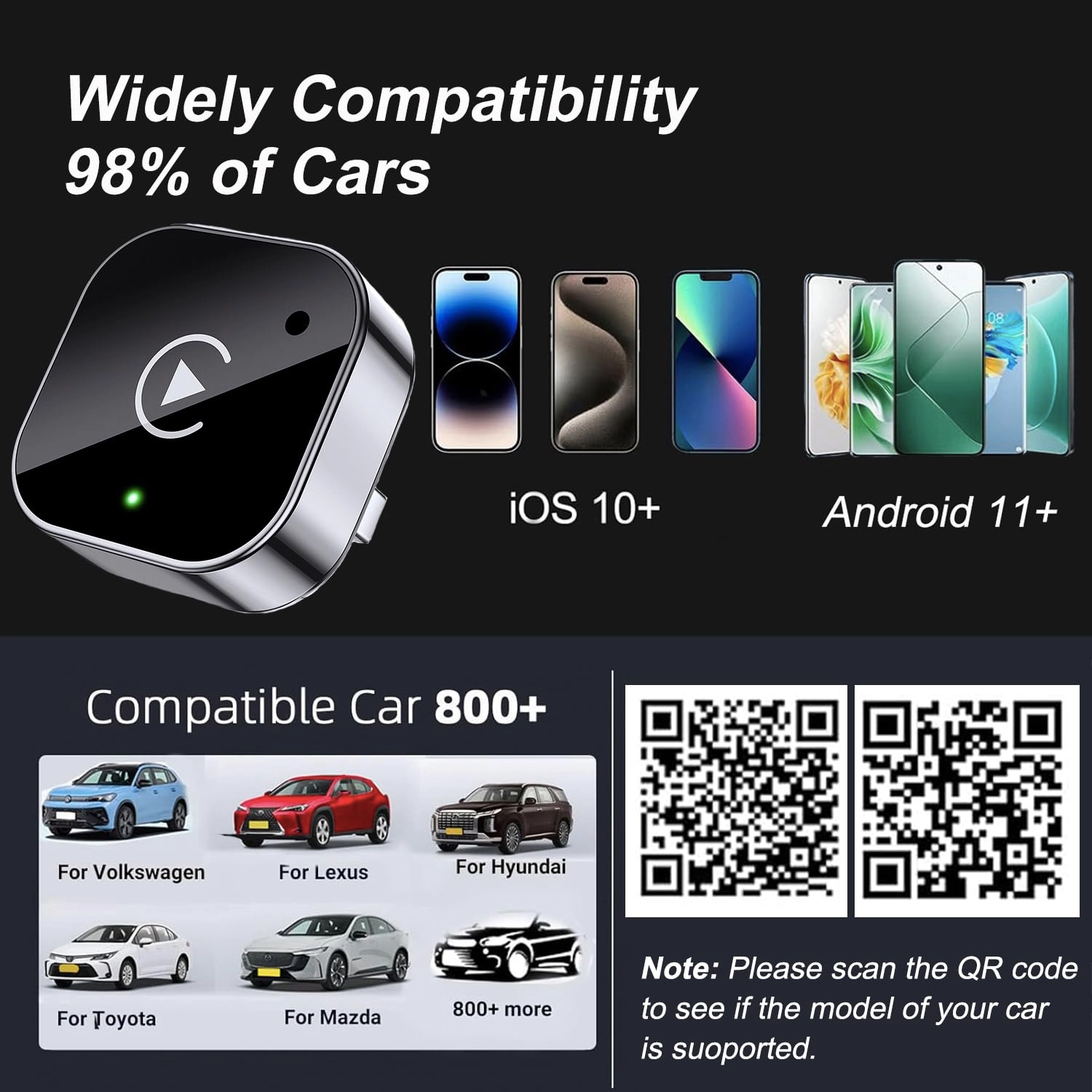 Wireless CarPlay & Android Auto Adapter - 2-in-1 Plug & Play Dual-Band
