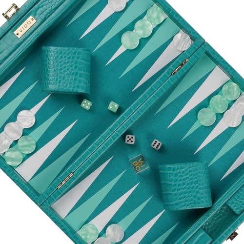 Backgammon Set - 15 inch Teal Green Alligator Vegan Leather