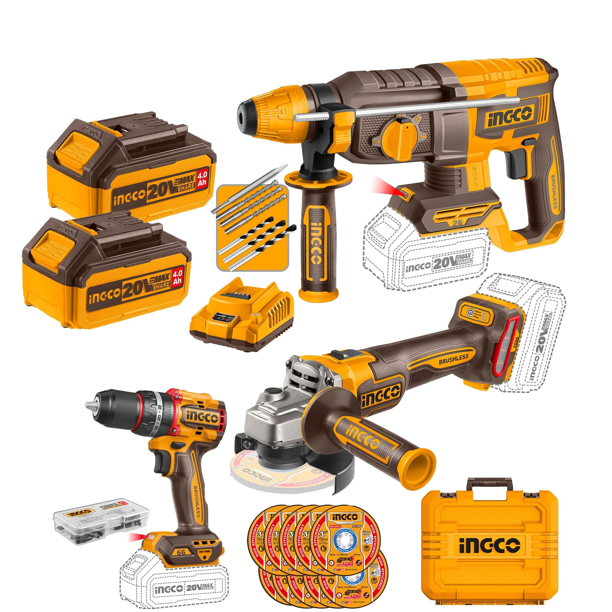 Ingco Impact Drill - 4.0Ah + Angle Grinder + Rotary Hammer