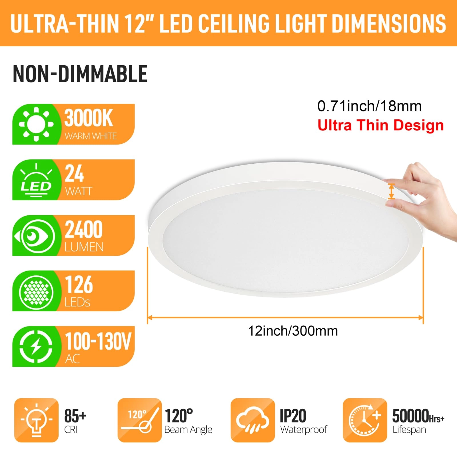 LED Flush Mount Ceiling Light - 3000K Non-Dimmable