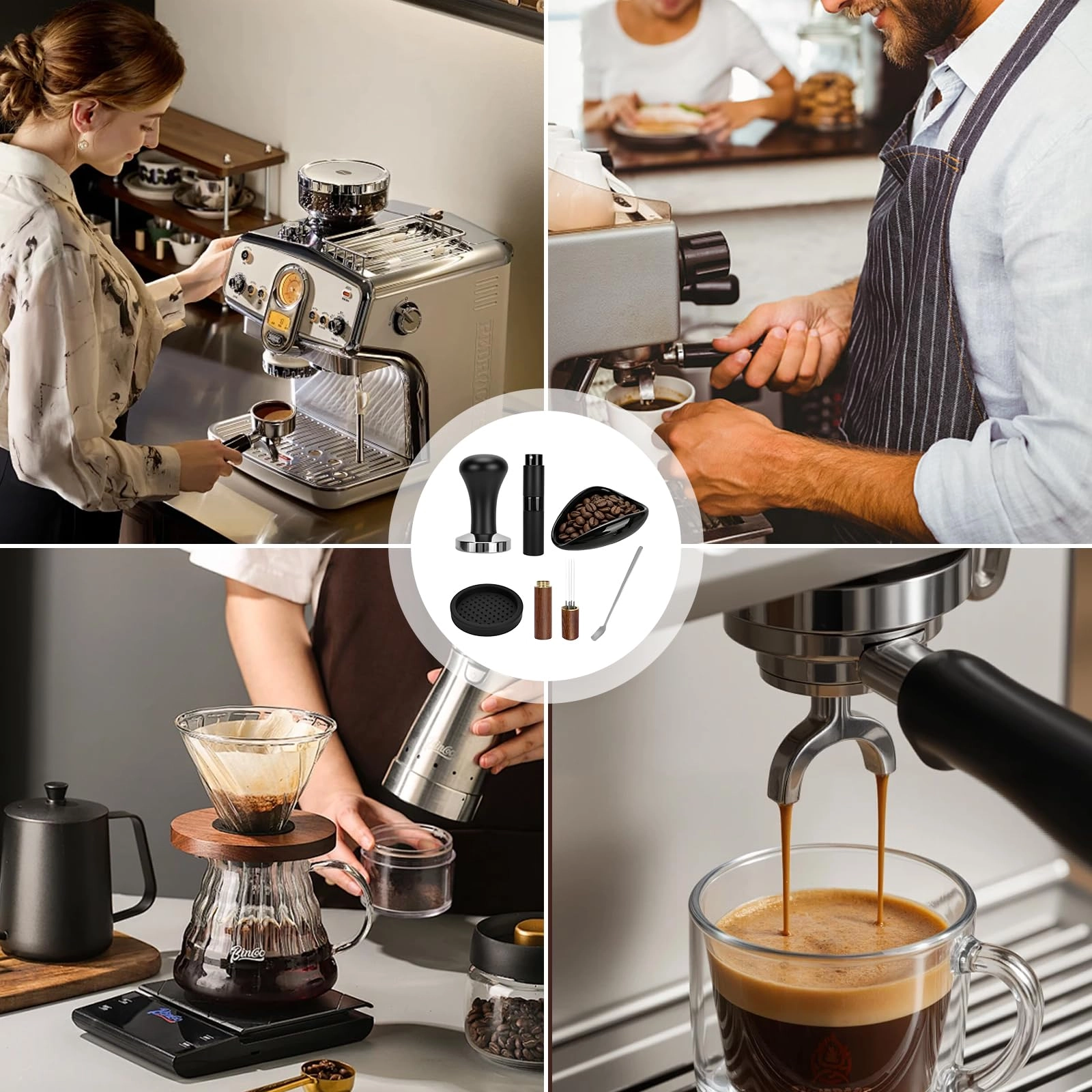 Coffee Tamper - 51mm + WDT Tool + Tamper Mat - Silicone + Spray Bottle - Glass + Stainless Steel Spoon + Coffee Bean Dish - Ceramic
