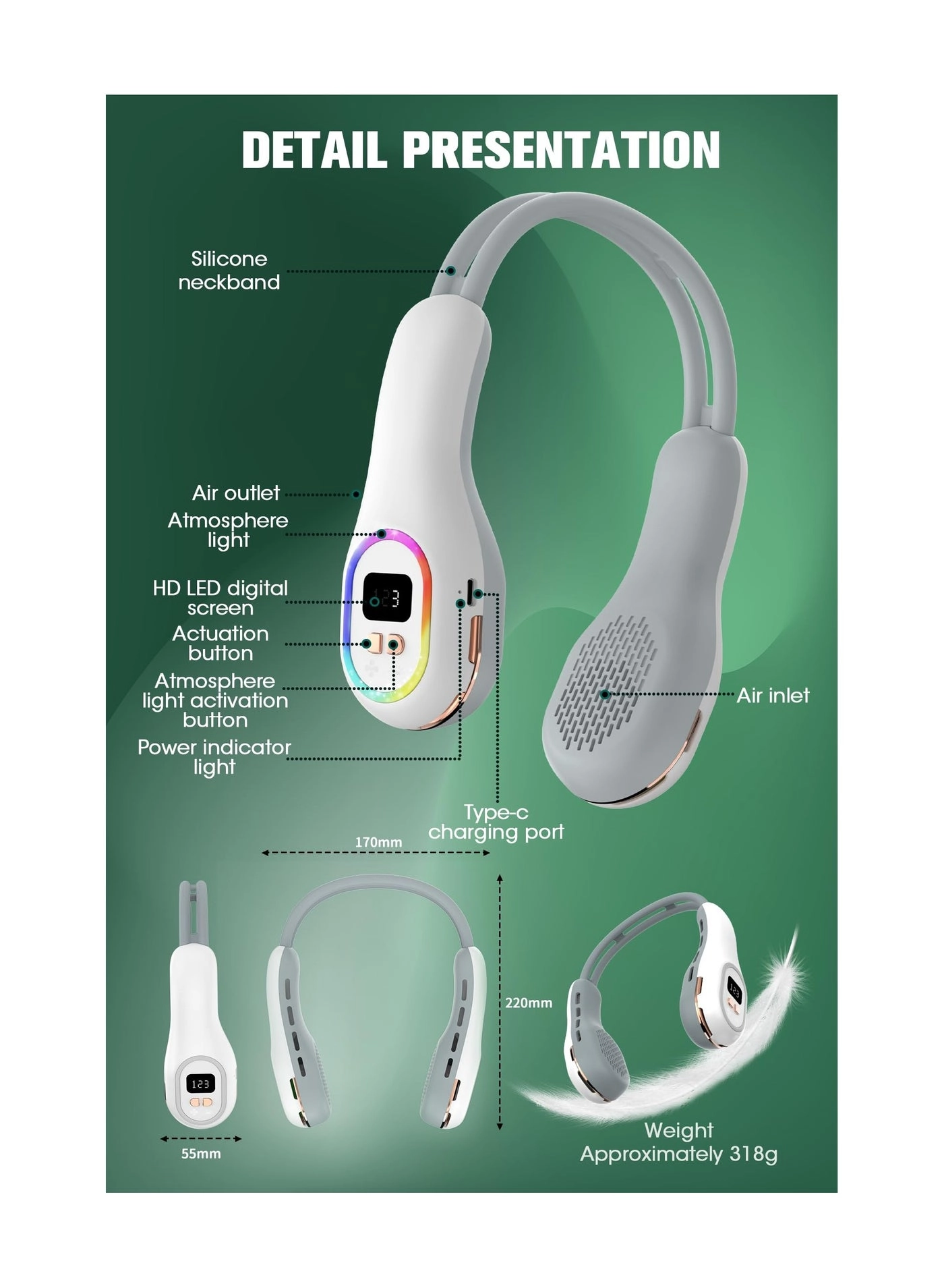 Portable neck fan - 4000mAh 3 Speeds LED Light